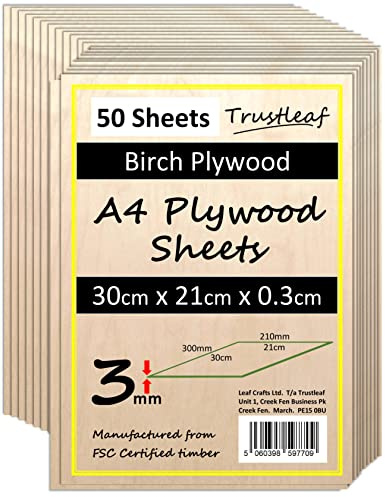 Trustleaf 3 mm björk plywood A4 300 x 210 x 3 mm - (paket med 50) - laserbar låg ångfärg E1 lim Ply