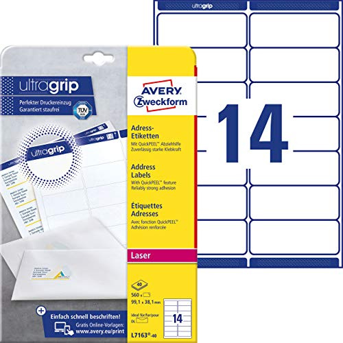AVERY Zweckform L7163-40 Adressetiketten/Adressaufkleber (560 Etiketten mit ultragrip, 99,1x38,1mm auf A4, bedruckbar, selbstklebend, für DIN lang Briefkuverts, Papier matt) 40 Blatt, weiß