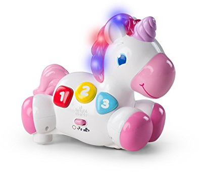 Bright Starts Rock & Glow Unicorn Crawling Baby Toy with Lights and Melodies, Age 6 months +, Pink