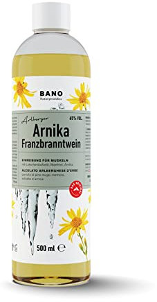 BANO Tiroler Arnika Franzbranntwein 500ml, Ideal vor und nach Sport, sowie bei Muskelkater, zum Kühlen schwerer Beine, enthält 65% vol. Alkohol, Latschenkieferöl, Menthol und Arnikaextrakt