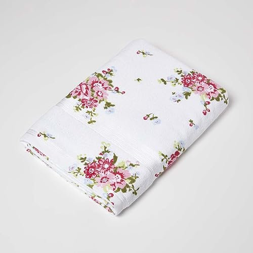 Homescapes 100% Baumwolle Frottee Handtuch Badetuch weiß mit Vintage Blumen Print und gestickter Bordüre
