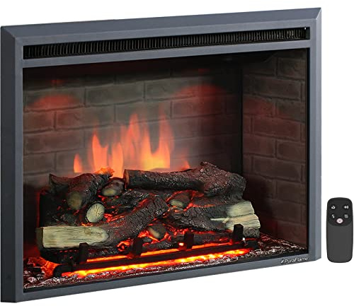PuraFlame Western Electric Fireplace Insert with Fire Crackling Sound, Remote Control, 750/1500W, Black, 33 1/16 Inches Wide, 25 9/16 Inches High