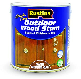 Rustins Quick Dry Outdoor Wood Stain Satin Medium Oak 2.5ltr- Durable and Weather-Resistant Finish, Fast Drying, Vibrant Color for Decks, Fences, & Furniture, Available in Many Wood Shades