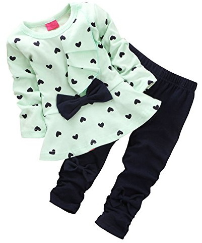 CHIC-Fille Enfant Ensemble en 2 PCS T-Shirt Longues Manches + Pantalons Blouse Tee Blouse Motif Cœur Noeud Papillon (24-36mois, Vert)