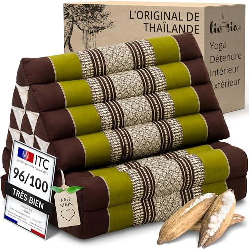 livasia Thai cushion with 2 seat rests - 47x20x3.1″ - Triangle cushion with seat cushion, Wedge cushion, kapok, Back support cushion, folding, Thai mat, folding, Hand made (Brown/Green)