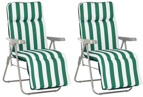 Outsunny Sedia Sdraio da Spiaggia da 2 Pezzi Pieghevole e Reclinabile, Lettini Prendisole da Giardino con Cuscino Imbottito, Verde e Bianco
