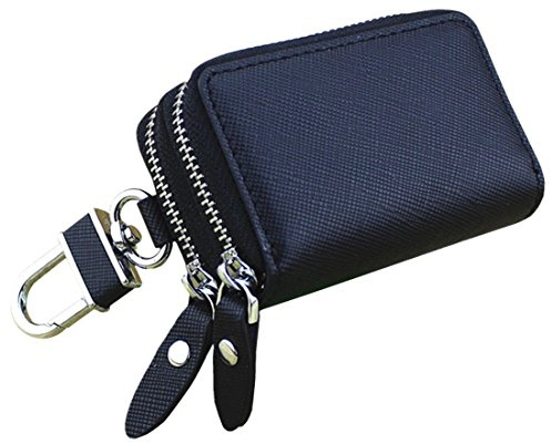 Esdrem - Custodia con doppia cerniera, in vera pelle, unisex, da utilizzare come portamonete o portachiavi della macchina Black