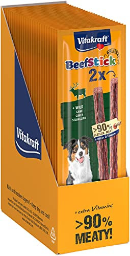 Vitakraft Beef Stick Wild, Fleischsticks mit Wild, hoher Fleischanteil, zum Verwöhnen und Belohnen, ohne Zuckerzusatz, in frischeversiegelter Aufreißpackung (25x 2 Stück)