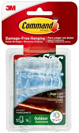 Command Outdoor Rope Light Clips, 12 Hooks and 16 Command Strips, Damage Free Hanging Christmas Decorations with Weather Resistant Strips, Wall Clips for Hanging Outdoor Lights and Cable Management