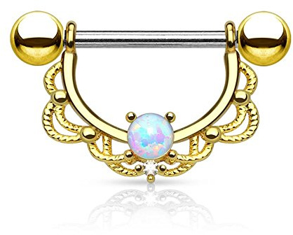 Paula & Fritz® bröstvårt-piercing bröstpiercing kvinna Maenner intimpiercing man nippelpiercing rostfritt stål kirurgiskt stål 316L filigran båge opal silver, gult guld, roséguld e förgyllda, colore: Gult guld, cod. K11003-16_GD