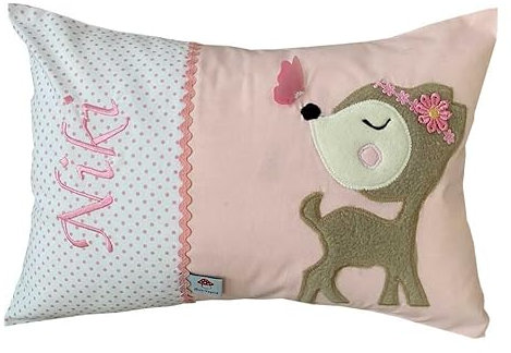 Glückspilz Namenskissen Babykissen I REH Bambi I mit Namen personalisiert I Geschenk zu Geburt, Taufe oder Geburtstag I Rot Rosa (25 x 35 cm)