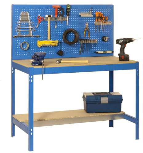 SimonRack Werkbank 600 kg Belastbarkeit, 144,5x121x61 cm, Große Arbeitsfläche Arbeitsfläche, Arbeitstisch, Holz-Arbeitsplatte, Blau/Holz - BT2