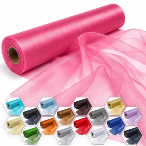 Trimming Shop Rose Pink Snow Sheer Organza Roll 25m x 29cm Glitter Sashes | Table runner, chair bow and swags fabric for wedding décor, parties and ribbon craft projects