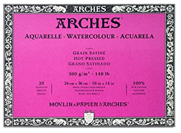 ARCHES 26 x 36 cm 300 gsm Hot Pressed Glued on 4 Sides Block Watercolour Paper - Natural White (Pack of 20 Sheets)