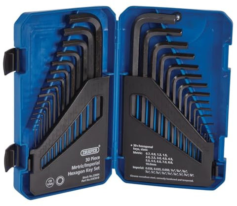 Draper 30 Piece Hexagon Allen Key Set | Metric/Imperial Combined Long Pattern Hand Tools | Hex Key Wrench Kit | Long Arm Chrome Vanadium Steel Kit | Foldable Storage Case | 33894