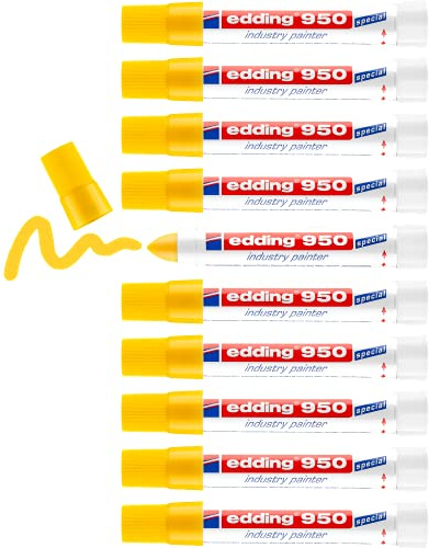 edding 950 Industrie Pastenmarker - gelb - 10 Stifte - Rundspitze 10 mm - Marker zum Beschriften von Metall, Stein, Holz - raue oder nasse Oberflächen - permanent, wasserfest
