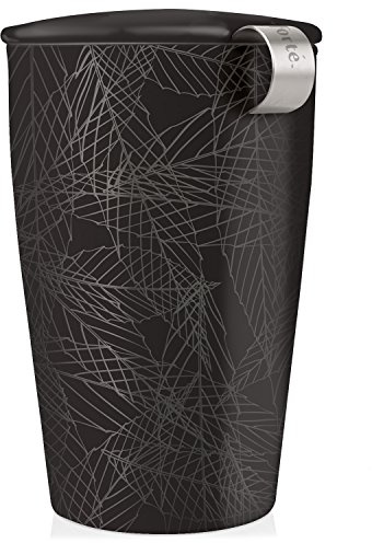 Tea Forte Double-Walled Ceramic Kati Cup, Removable Stainless Steel Infuser Basket and Lid, Steeps 12 oz Loose Leaf Tea, Dishwasher & Microwave Safe, Gifts for Mom, Noir