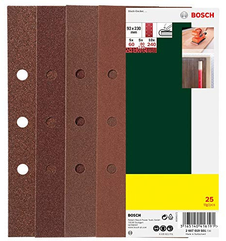 Bosch Home and Garden 25-teiliges Schleifblatt-Set 93 x 230 mm, für Schwingschleifer, 93 x 230 mm, 8 Löcher, Körnung 60, 80, 120, 240, 2607019501, Grau
