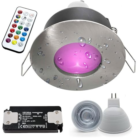 Planetitaly Faretto da Incasso IP65 Cromoterapia Box Doccia LED RGB RGBW 6W Alimentatore 12V tondo Luce impermeabile per Ambienti Umidi Bagno Turco Sauna Effetti Luce Colorata, Alluminio Satinato