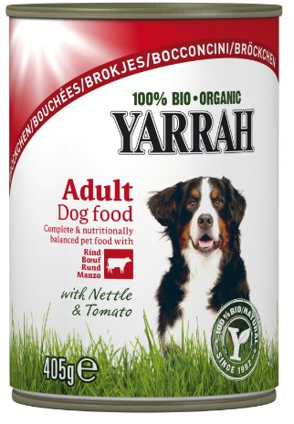 Yarrah Bröckchen - Mangime biologico per cani, pollo, manzo, pomodoro, 405 g, confezione da 6 (6 x 0,405 kg)