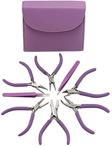 The Beadsmith Alicates de color de moda Juego de 8 herramientas delgadas a juego, embrague a juego en color orquídea, kit de suministro de fabricación de joyas para crear collares, pulseras, aretes y
