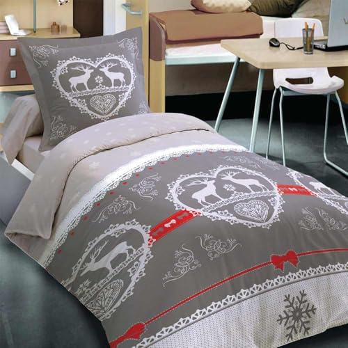 Housse de Couette 1 Place Chalet Winter Gris 140x200 cm + 1 taie - 100% Coton 57 Fils, Ambiance Montagne, Finition Rabat