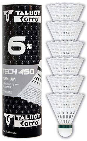 Talbot-Torro Tech 450 Badmintonbälle - 6er Dose, verschiedene Farben/Geschwindigkeiten wählbar (weiß/gelb, Geschwindigkeiten: langsam, mittel, schnell), Premium-Nylonfederball für Indoor & Outdoor