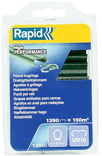 Rapid VR16 - Agrafes à Grillage en Acier Galvanisé, Plastifié Vert, Compatible avec les Grillages 2-8 mm, Idéal pour Sécuriser Cages & Clôtures, 1390 Pièces, Emballage sous Blister (40108800)