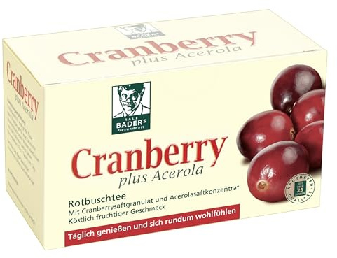 BADERs Cranberry plus Acerola Tee aus der Apotheke. Rotbuschtee mit Cranberry-Saftgranulat. Vegan. 20 Filterbeutel. PZN: 06919307