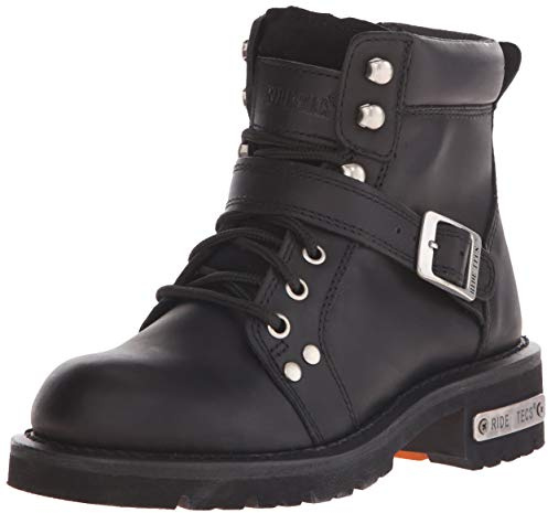 Ad Tec Women's 6 in Lace Up Heels Side Zipper Grain Leather Motorcycle Boots, Black - Soft Toe, Belt Buckle Closer, Oil Resistant Outsole