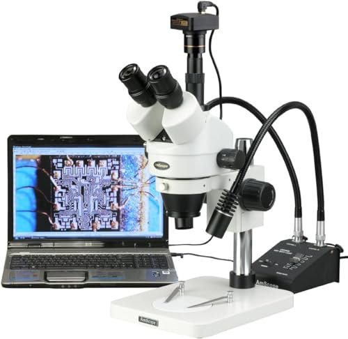 AmScope SM-1TSW2-L6W-5M Digital Professional Trinocular Stereo Zoom Microscope, WH10x and WH25x Eyepieces, 3.5X-225X Magnification, 0.7X-4.5X Zoom Objective, 6W Dual-Gooseneck LED Light, Pillar Stand, 85V-265V, Includes 0.5X and 2.0X Barlow Lenses, Includes 5MP Camera with Reduction Lens and Software