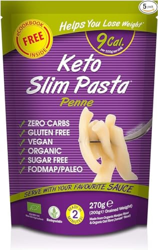 Eat Water Keto Slim Penne Pasta (Pack of 5 x 270g) Organic Konjac Flour & Oats Shirataki Pasta, Zero Carb, Low Calorie, Gluten, Fat & Sugar Free, Vegan High Fibre Ready to Eat, Paleo Diet Friendly