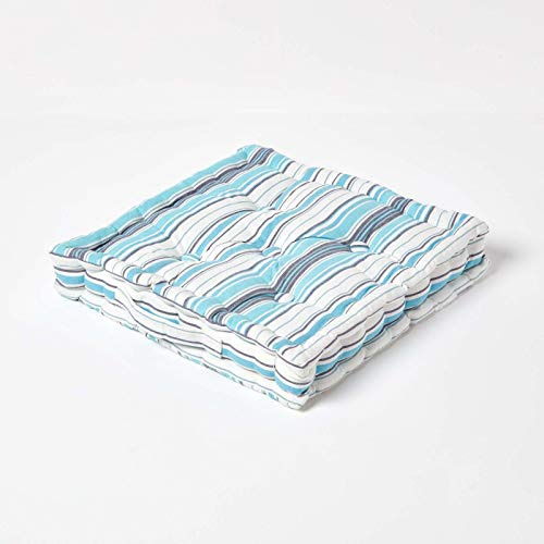 HOMESCAPES New England Multi Blue Stripes Floor Cushion - 100% Cotton - 50 x 50 x 10 cm Square - Indoor - Garden - Dining chair booster Seat Cushion Pad