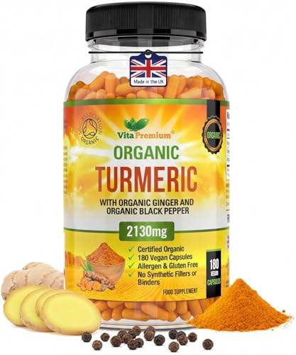 Turmeric and Black Pepper Capsules for Anti-Inflammatory and Joint Pain Relief - 180 Organic Capsules - High Strength Turmeric Curcumin Supplement with Added Black Pepper and Ginger - Made in UK