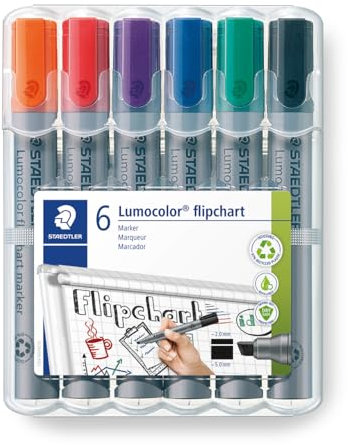STAEDTLER 356 B WP6 Lumocolor Flipchart Markers, Chisel Tip 2-5mm Line Width - Assorted Colours (Pack of 6)