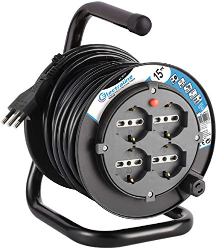Electraline 49217 Verlängerungskabel mit Kabeltrommel, 15 mt, 4 mehrpolige Steckdosen (Schuko + 10/16 A) Stecker groß 16 A, mit Schutz, Schwarz – Kabelabschnitt 3 G1,5 mm²