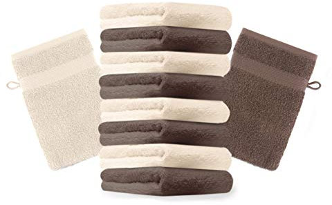 Betz 10 Stück Waschhandschuhe Premium 100% Baumwolle Waschlappen Set 16x21 cm Farbe nussbraun und beige