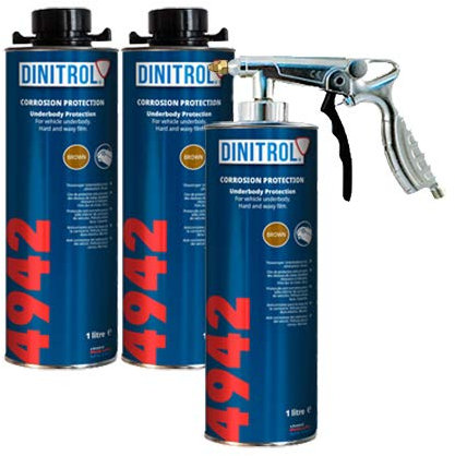 Rejel Dinitrol 4942 - Cera sottoscocca (marrone), 3 barattoli da 1 litro (con tappo a vite Schutz) e 1 pistola a spruzzo Schutz