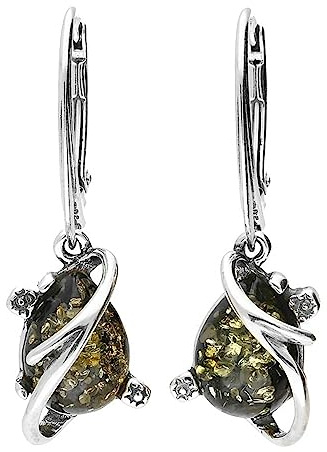 Noda 070321 - Orecchini pendenti da donna in argento Sterling 925, con farfalla sul retro, in ambra verde