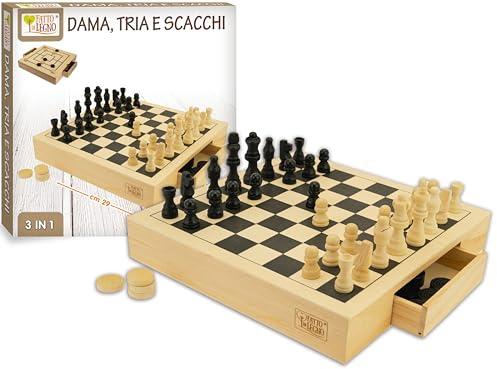 Teorema Giocattoli, scacchiera in legno portatile 3 in 1. Dama, Scacchi e Tria, giochi per bambini in legno. Cassetti estraibili, sono presenti pezzi di riserva.