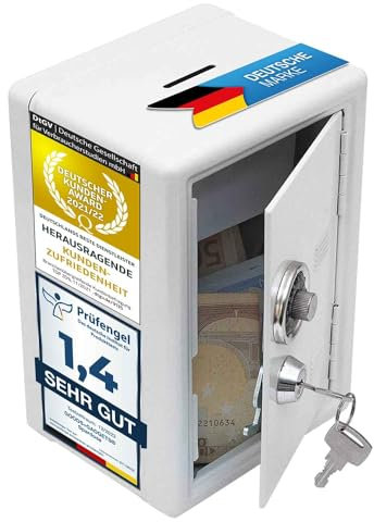 GOODS+GADGETS Spardose Mini-Tresor Safe Sparschwein Sparbüchse Geldkassette mit Zahlenschloss; originaler Tresor aus Metall, Weiß