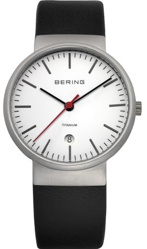 BERING Unisex Quarz Uhr | Armbanduhr 36 mm silbernes Titangehäuse und weißes Zifferblatt | Kalbslederarmband | Saphierglas | 3 ATM | 11036-404