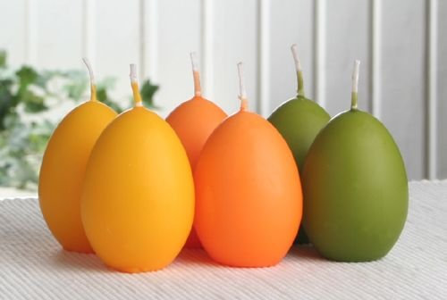 6X Eikerzen klein, ca. 6 x 4,5 cm, maisgelb-orange-pistaziengrün