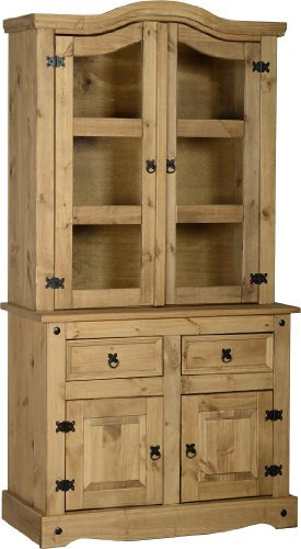 Seconique Corona 3ft Buffet Hutch, Glass Display Cabinet - Distressed Waxed Pine/Clear Glass