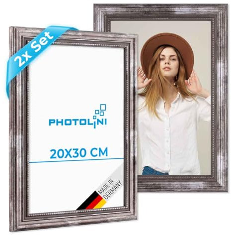 PHOTOLINI Barock-Bilderrahmen 20x30 cm in Silber antik, 2er Set Holz-Rahmen Vintage, Made in Germany, Echtglas, zum Aufhängen, mit Zubehör - verleiht Deinen Fotos das besondere Etwas