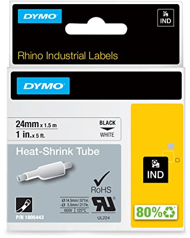 DYMO Rhino Industrie Schrumpfschlauch-Kabeletiketten | 24 mm x 1,5 m | schwarze Schrift auf weißem Untergrund | selbstklebend
