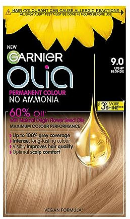 Garnier Olia Permanent Hair Dye, No Ammonia, Full Grey Coverage, Long-lasting Colour & Shine, Vegan Formula, Colour: 9.0 Light Blonde, 230g