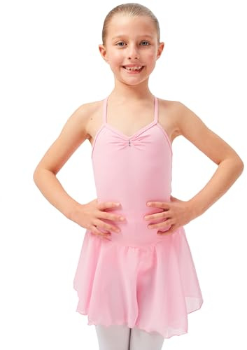 tanzmuster Kinder Ballettkleid Maja - süßer Spaghetti-Träger Ballettbody mit Chiffon Röckchen und Glitzersteinen in rosa, Größe:140/146