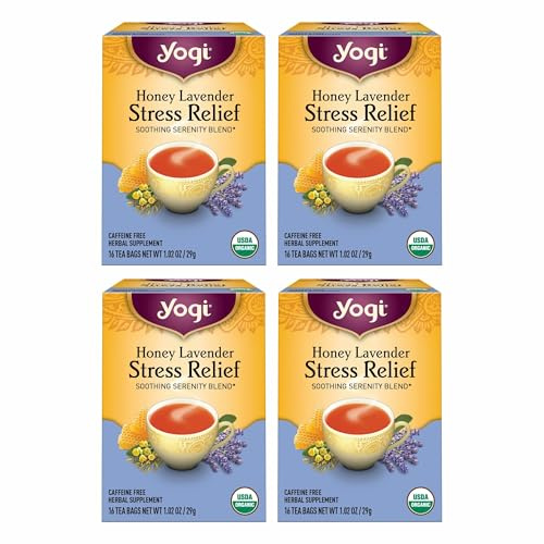 Yogi Tea Honey Lavender Stress Relief - 16 Bags per Pack (4 Packs) - Organic Chamomile Lavender Tea - Includes Lemon Balm, Lemongrass, Spearmint Leaf, Peppermint Leaf, Honey Flavor & More