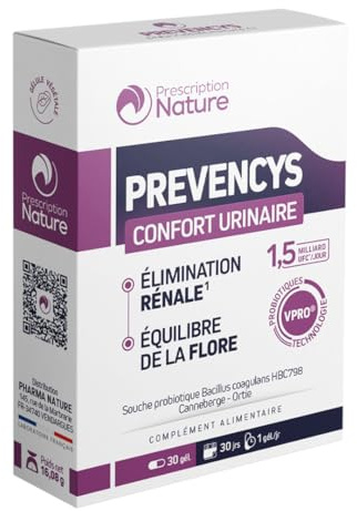 Prescription Nature - PREVENCYS - Confort Urinaire - Complément Alimentaire à Base d’Extraits de Plantes (Ortie, Canneberg) et de Probiotiques (15 Milliards) - Fabrication Française - 30 Gélules